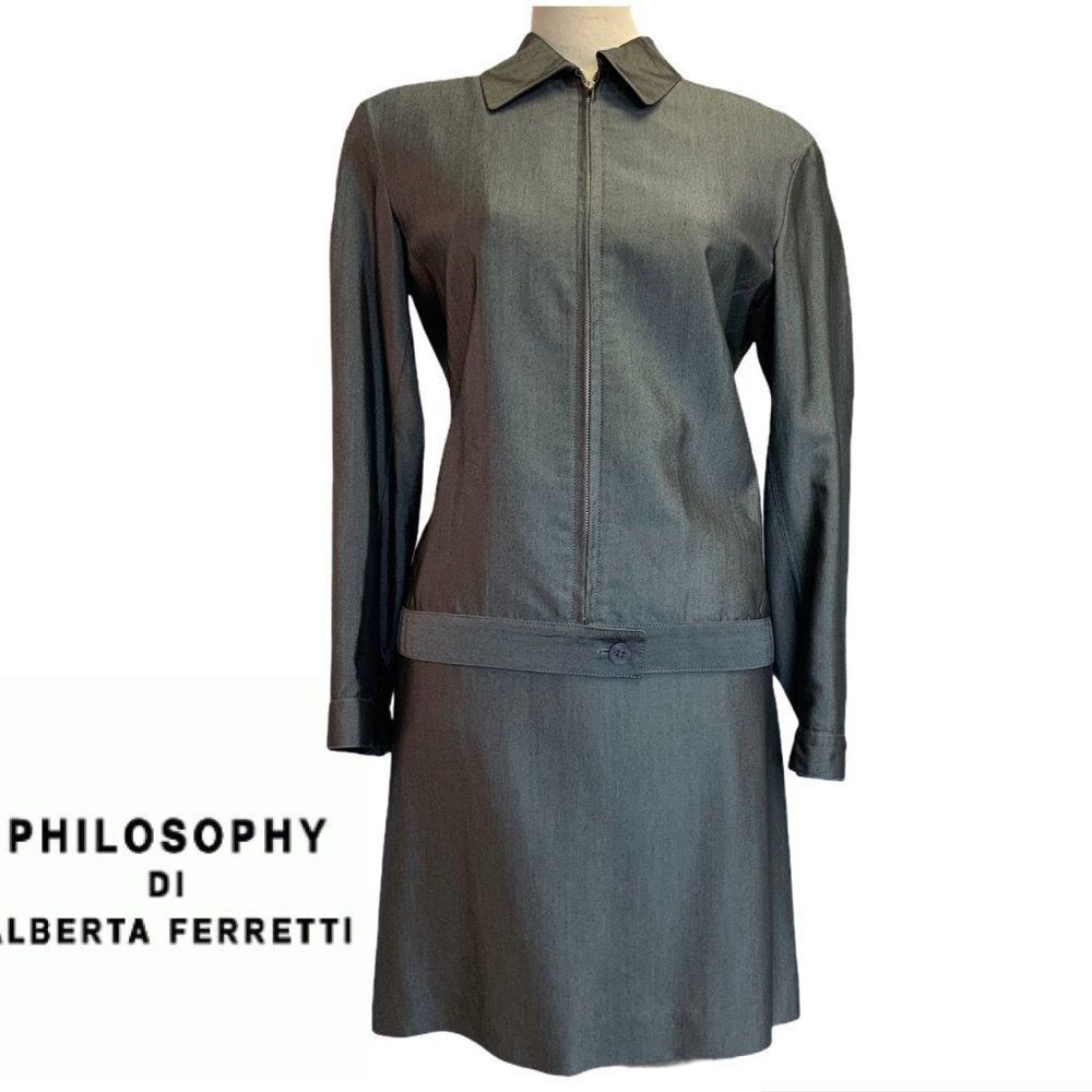 Philosophy Di Alberta ferretti Gray Silver Skirt Blazer Jacket Suit Sz 8